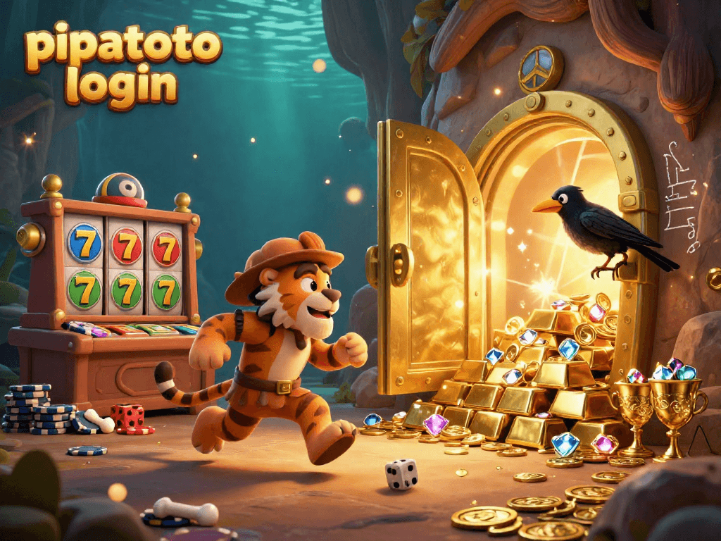 Pipatoto login showcases a thrilling casino experience with vibrant slot elements, gold treasures, and playful characters.