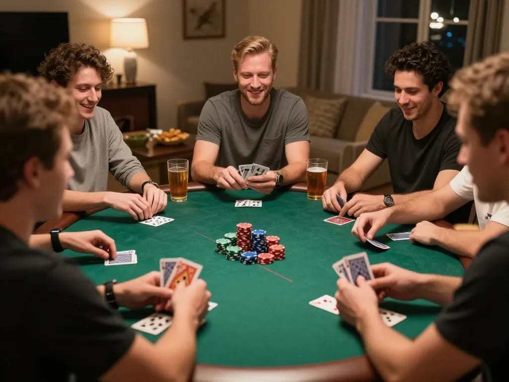 Engaging poker game night at home with friends showcasing n188 com gambling action.