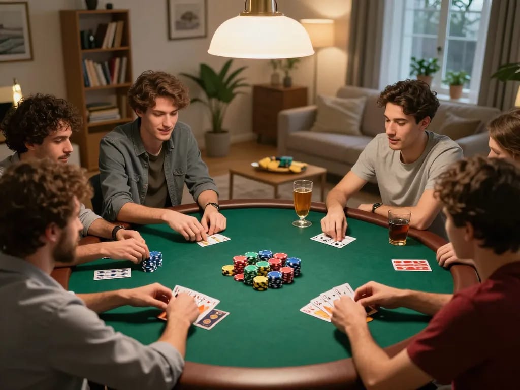 Engaged players enjoying poker night while ดูหนัง and strategizing their game.