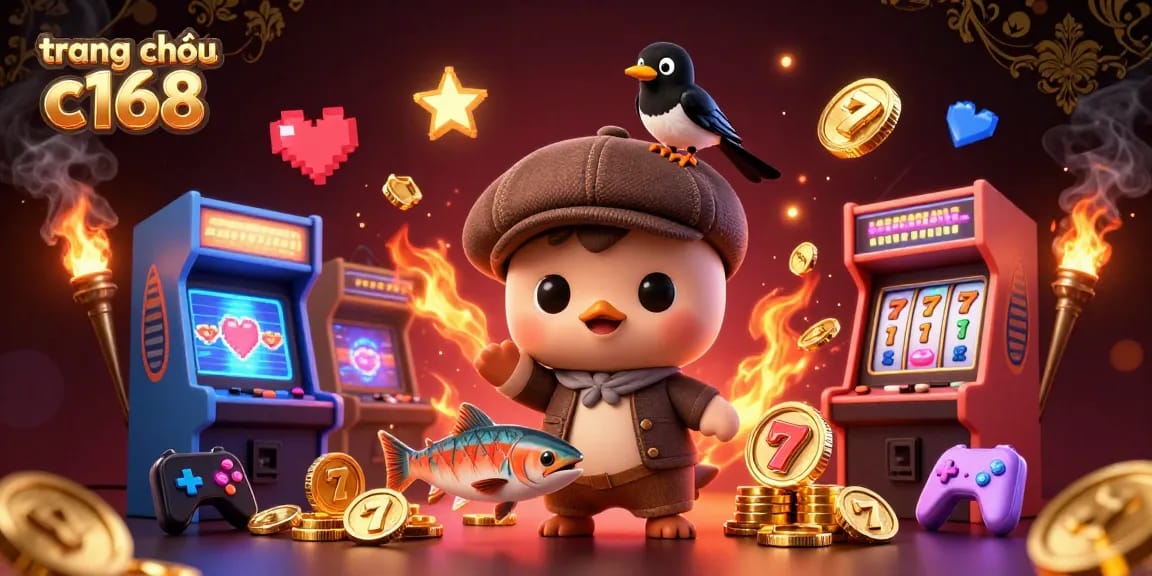 Experience the excitement at trang chủ c168 with dynamic casino-themed 3D illustrations showcasing games and characters.