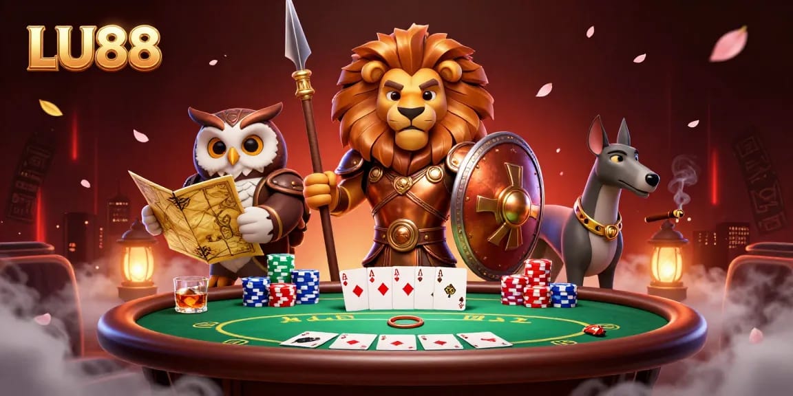 LU88 gaming scene featuring a Spartan lion, tactical owl, and greyhound, surrounded by poker elements.