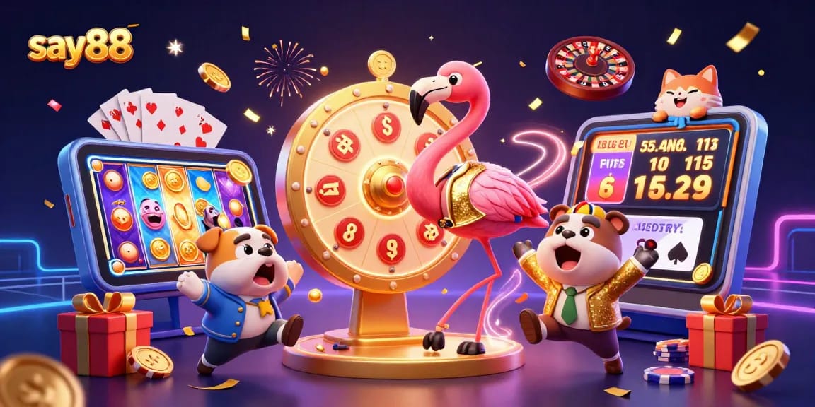 Experience thrilling moments at say88 with a game show host, exciting prizes, and casino elements bursting with energy.