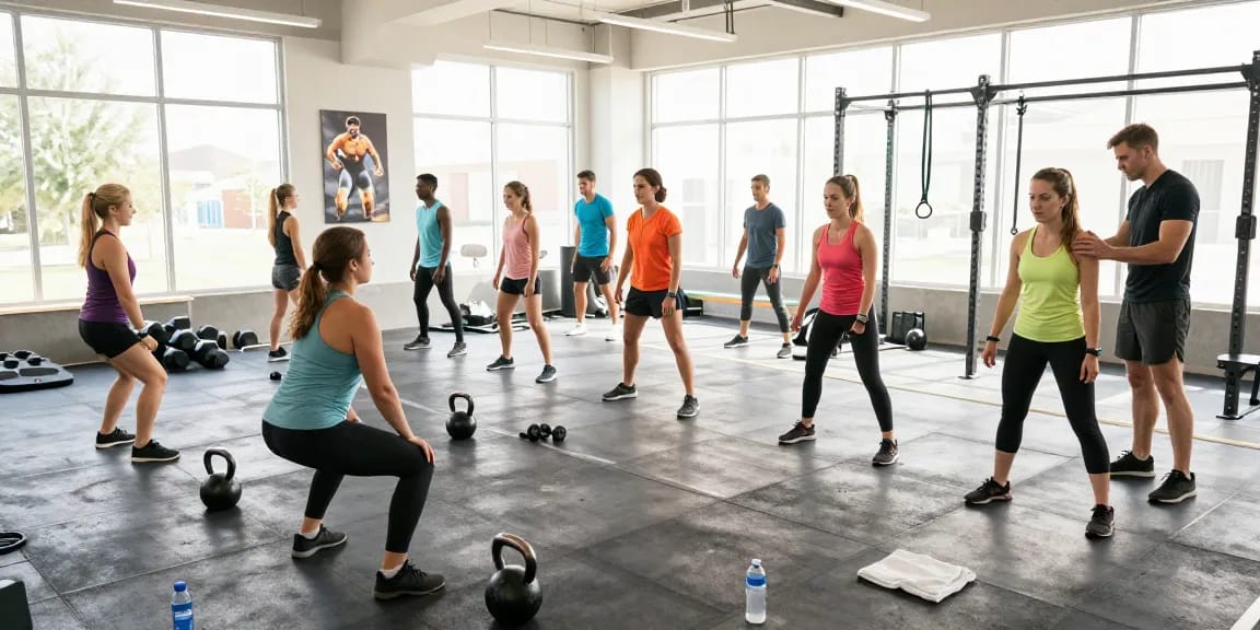 Active group exercising in a modern gym, showcasing Astera Steroid Shop's commitment to fitness.