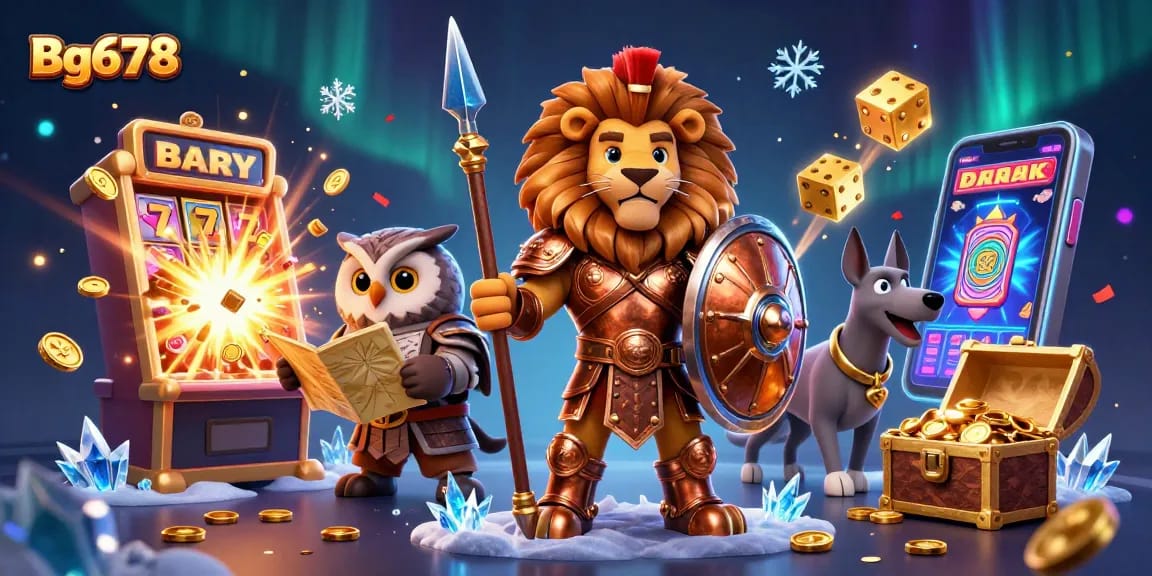 Experience exciting wins with Bg678 featuring a heroic lion, a tactical owl, and a swift greyhound in a vibrant casino scene.