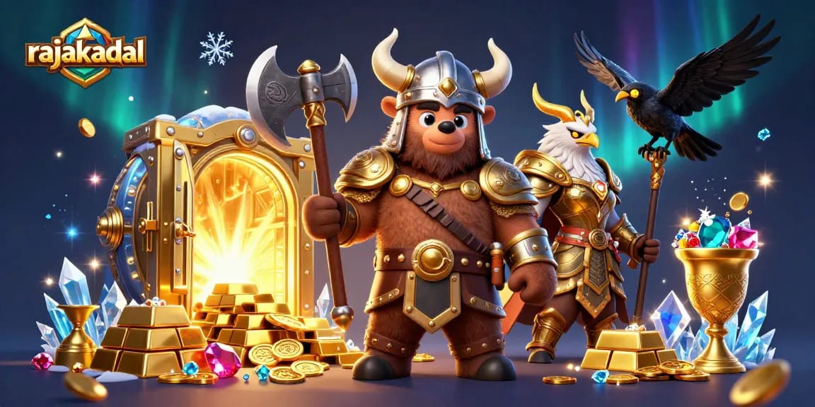 Menangkan hadiah menarik di rajakadal dengan beruang Viking dan elang Valkyrie dalam ilustrasi kasino.