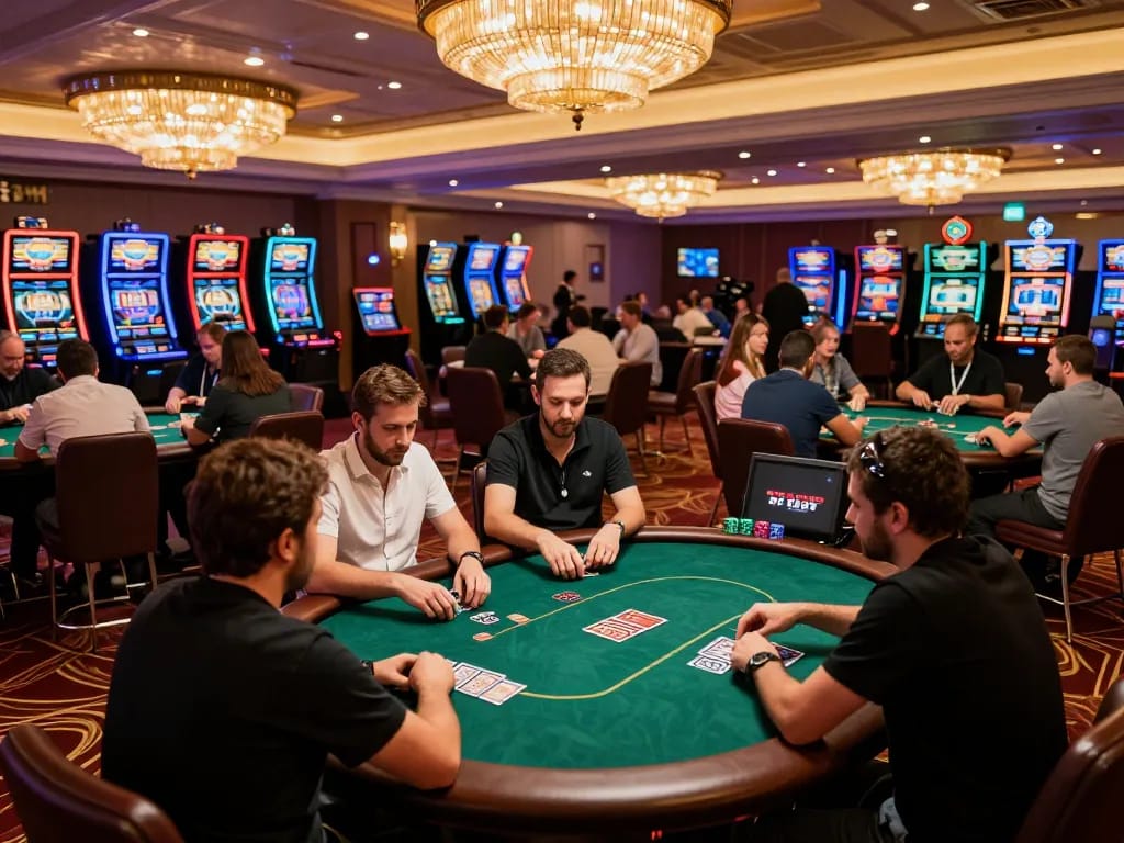 Engaged players in a z16 poker tournament making strategic bets at elegant casino tables.