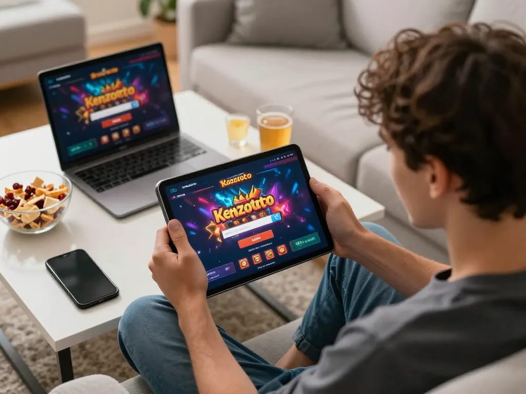 Pemain secara aktif terlibat dengan login Kenzototo di tablet sambil menikmati perjudian online di rumah.