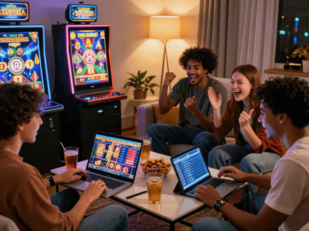 Friends enjoying slot online games together in a cozy living room