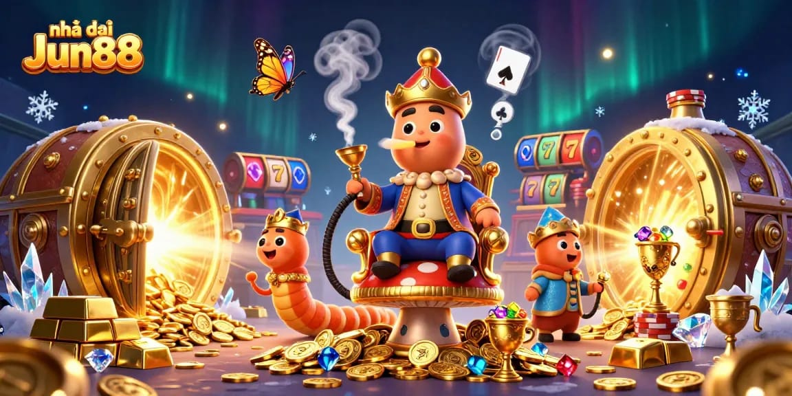 Experience the excitement at Nhà cái Jun88 with this vibrant 3D casino illustration showcasing thrilling game elements.