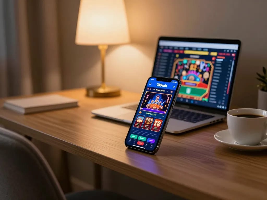 Mobile user spinning the 789win app for exciting live casino games in a cozy home setting