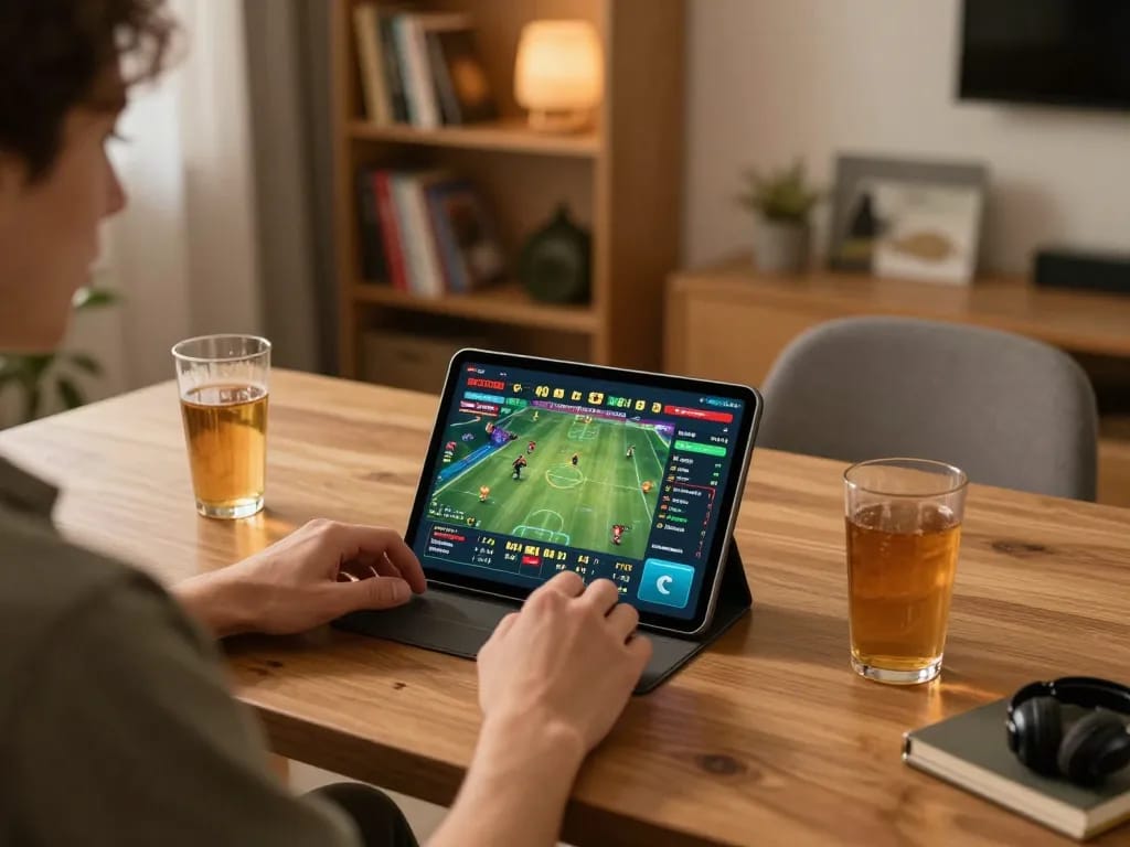 Player engaging with sg777 sports betting app on tablet in a cozy home setting.