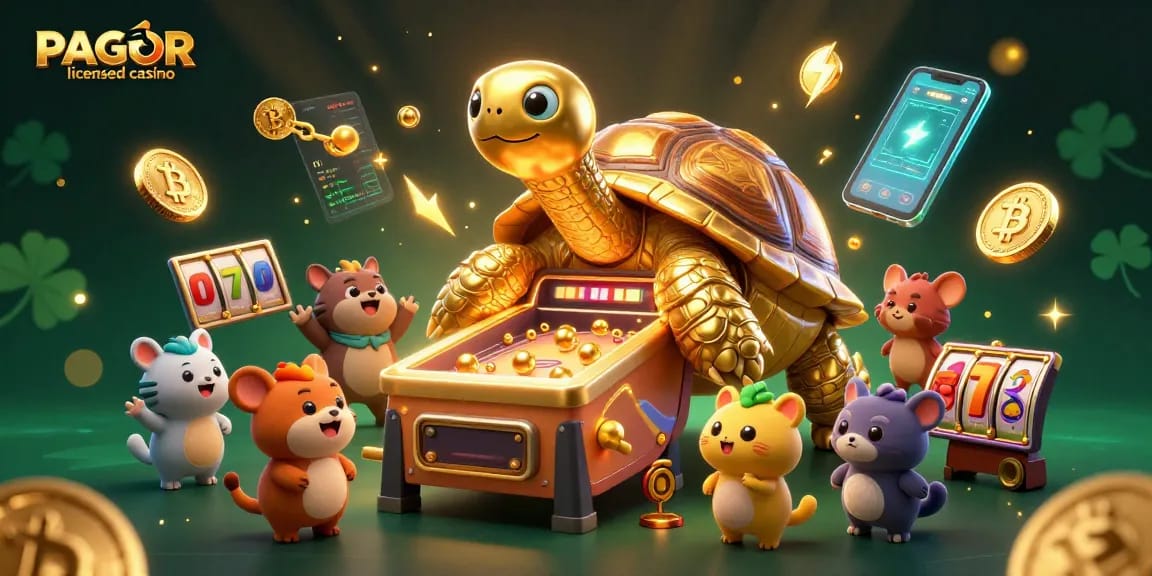 PAGCOR licensed casino scene with a giant tortoise pinball machine and energetic animals, emphasizing gaming excitement.