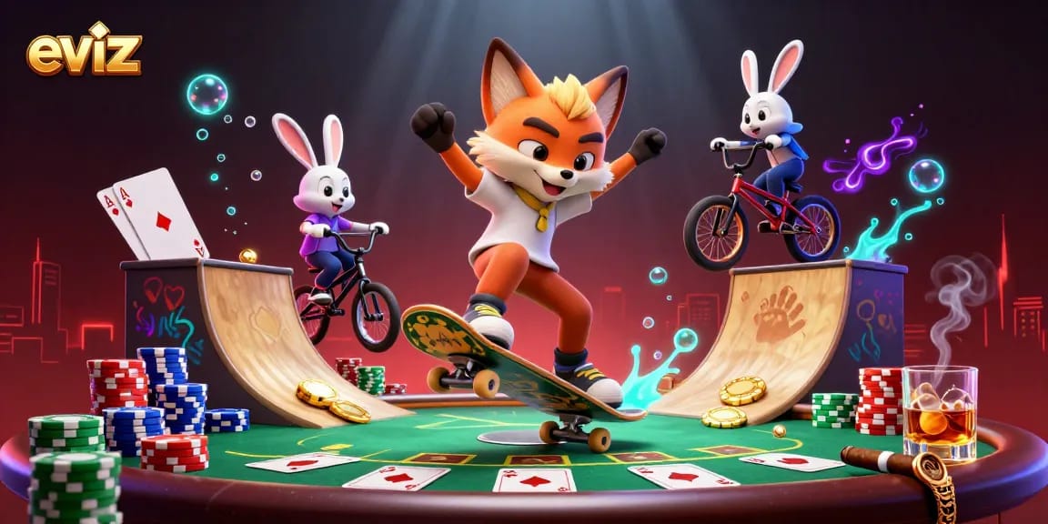 eviz showcases a thrilling scene of a skateboarder fox and BMX rabbit amidst vibrant casino elements and rich colors.