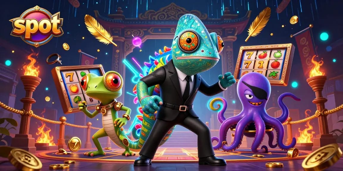 Spin the slot reels with a vibrant scene featuring a chameleon in a suit and a tech genius, surrounded by golden coins.