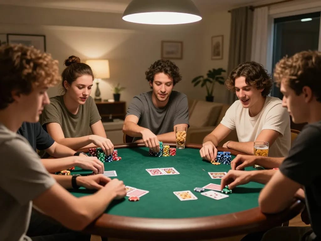 Net88 players enjoying an engaging home poker game with colorful chips and cards.