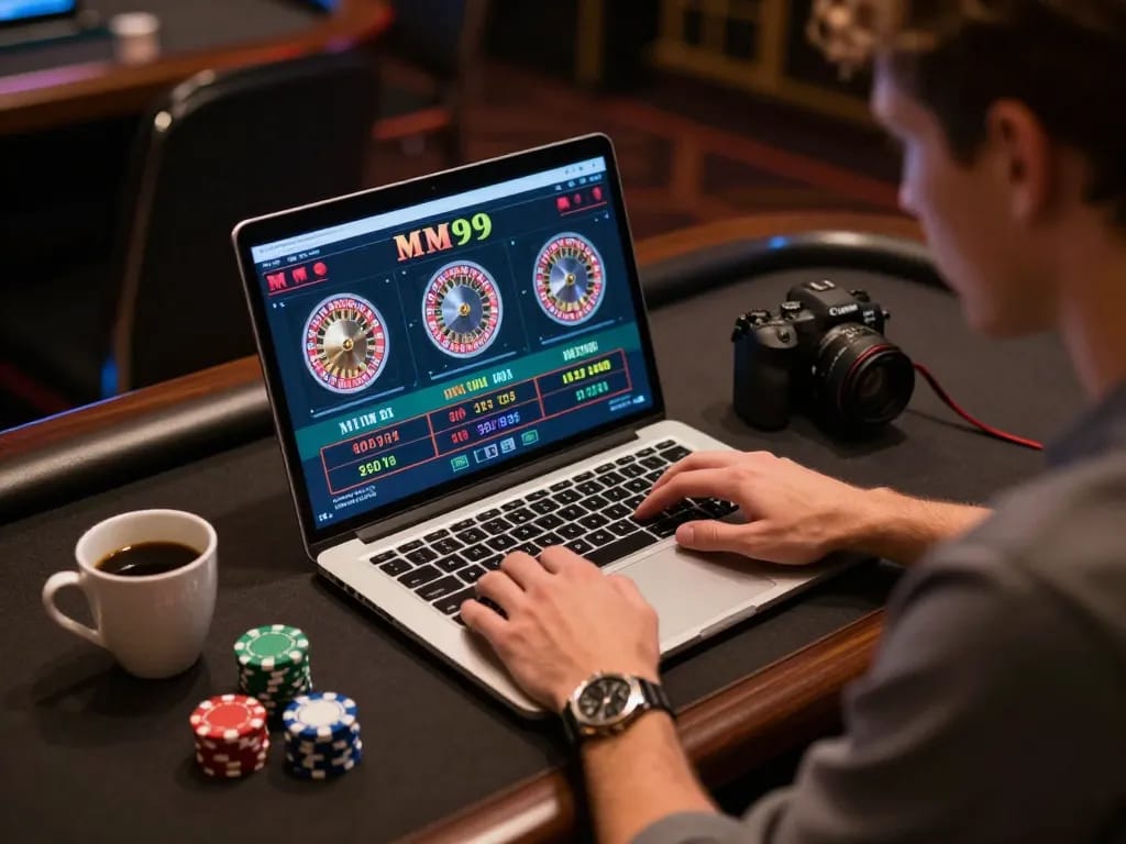 Player analyzing odds while playing online Casino MM99 in an inviting home gaming setup