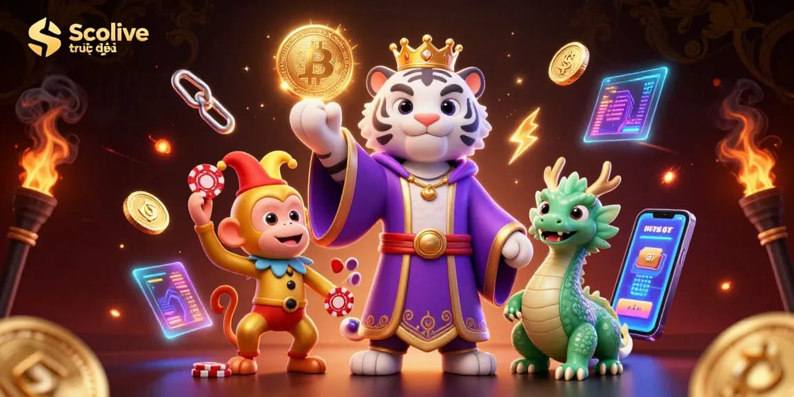 Socolive trực tiếp presents a vibrant 3D scene featuring a white tiger and playful monkey in a gambling-themed setting.