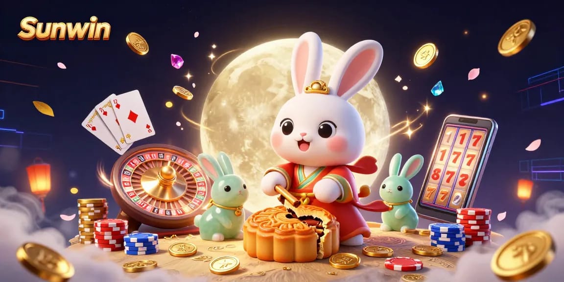 Engage in vibrant casino action with Sunwin as the moon rabbit celebrates winning poker chips amid cascading golden coins.