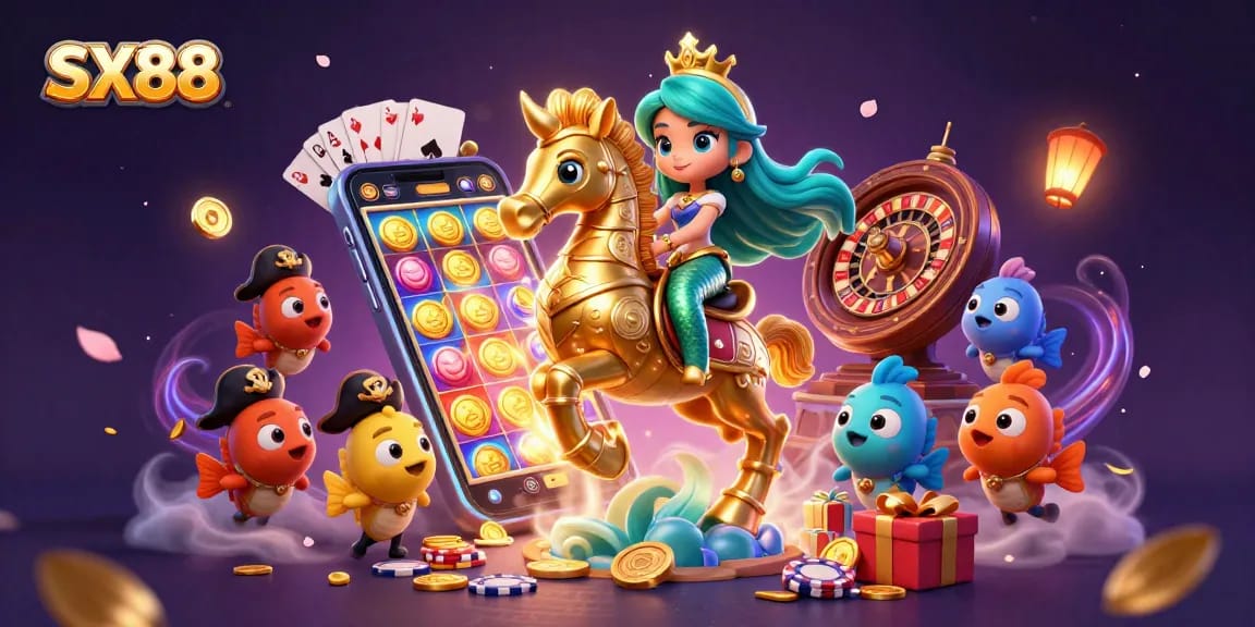 SX88 players engage in thrilling slot games with vibrant characters and golden rewards in this immersive casino scene.