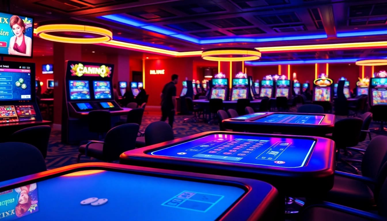 Genießen Sie spannende Casino Spiele.de in einem modernen, einladenden Ambiente mit lebhaften Neonlichtern.
