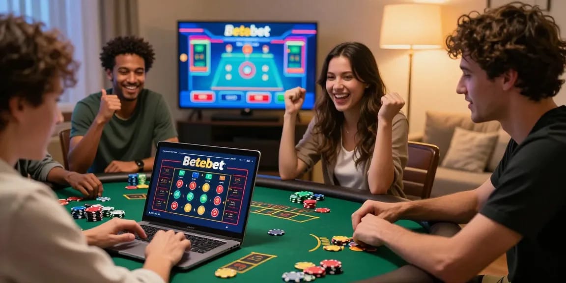 Betebet users enjoying online betting games in a lively home setting with vibrant atmosphere.