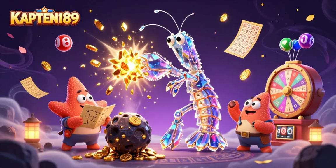 KAPTEN189 bermain slot online dengan seru di tengah hiasan jackpot dan bola lotre berwarna-warni.