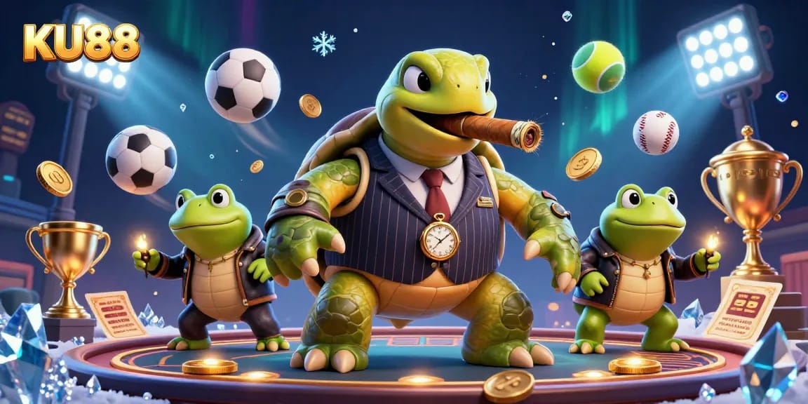 Bet on KU88 with a cartoon snapping turtle in a casino scene packed with vibrant sports elements.