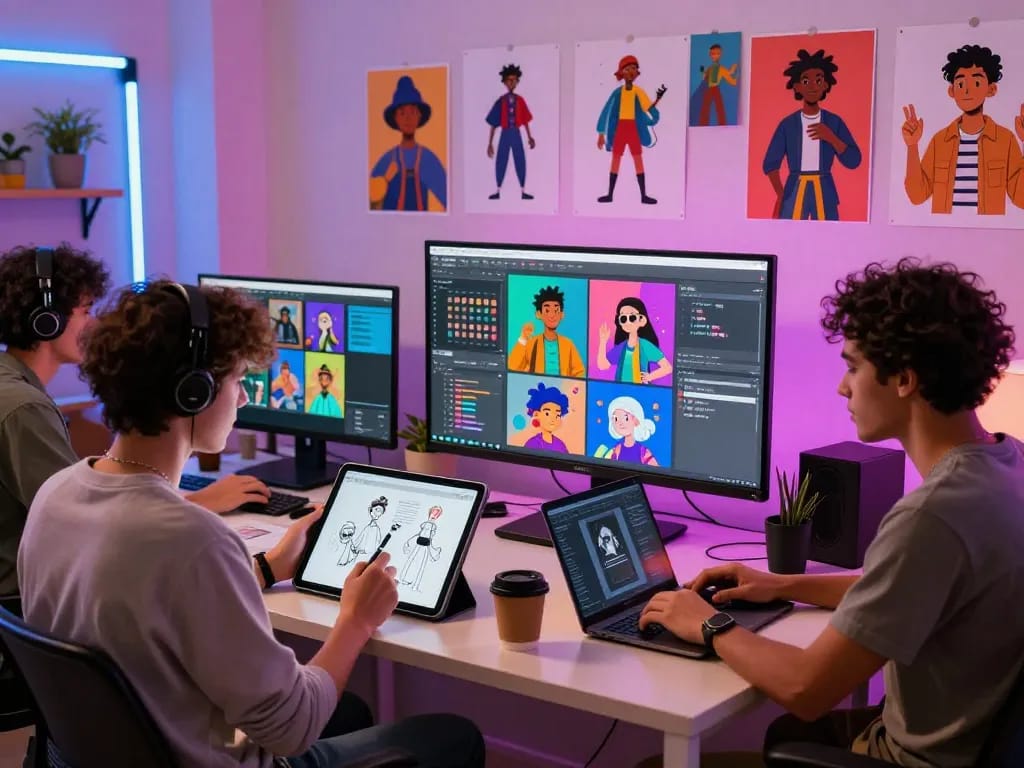 Creative team developing 18+ ai characters in a vibrant digital art studio, showcasing collaboration and innovation.