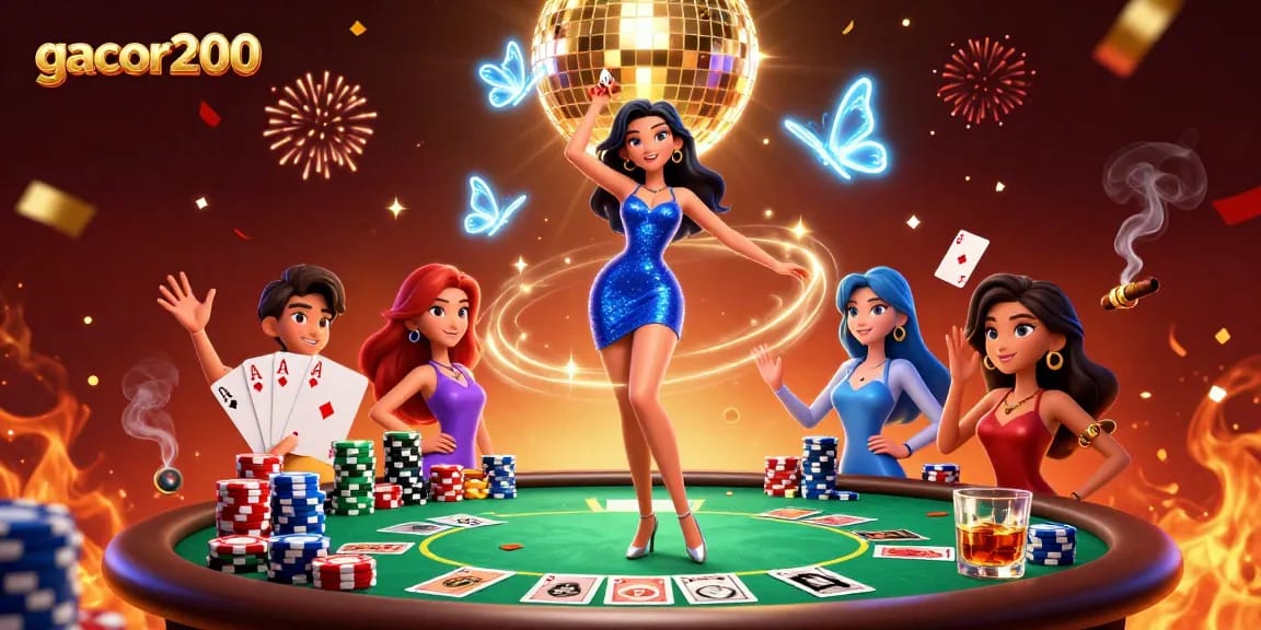 Experience gacor200 excitement with a glamorous woman dancing amid poker chips and celebration.