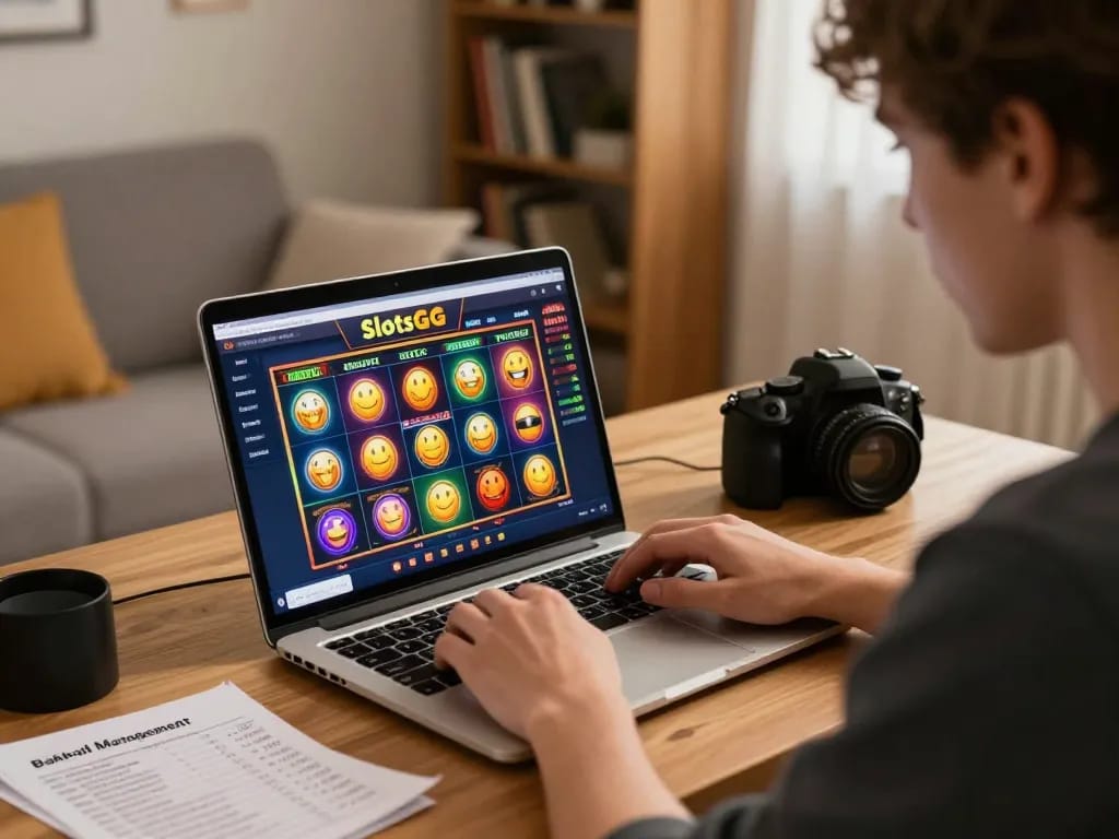 Engaged player strategizing at home while using SlotsGG for online slot gaming, showcasing a lively atmosphere.