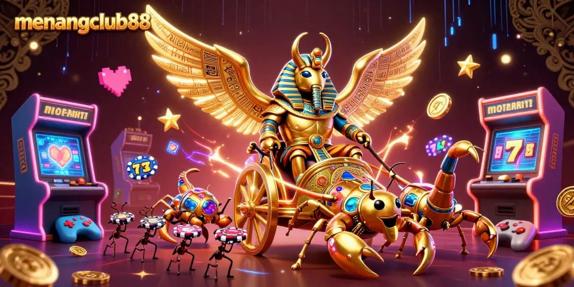 Experience the excitement of menangclub88 with a vibrant, richly detailed casino-themed 3D illustration featuring a golden scarab and scorpions.