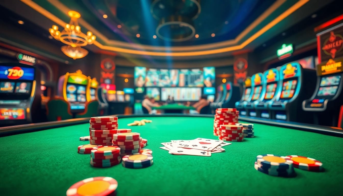 Experience the thrill of MM88 with an immersive online casino scene featuring tables and games.