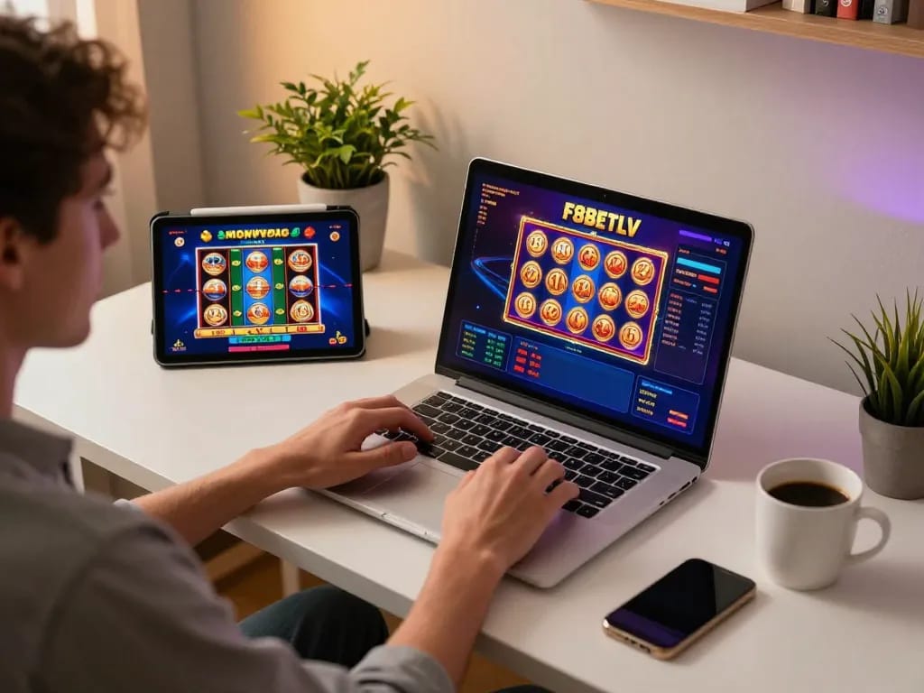 Engaged user playing F8BETLV online casino game on a laptop in a cozy home office.