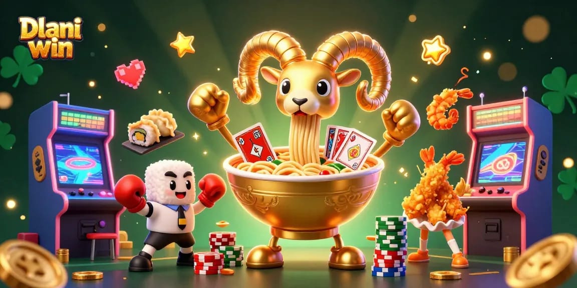 Dhani win showcases a vibrant gaming scene with a giant ramen bowl dealer, arcade machines, and casino elements.