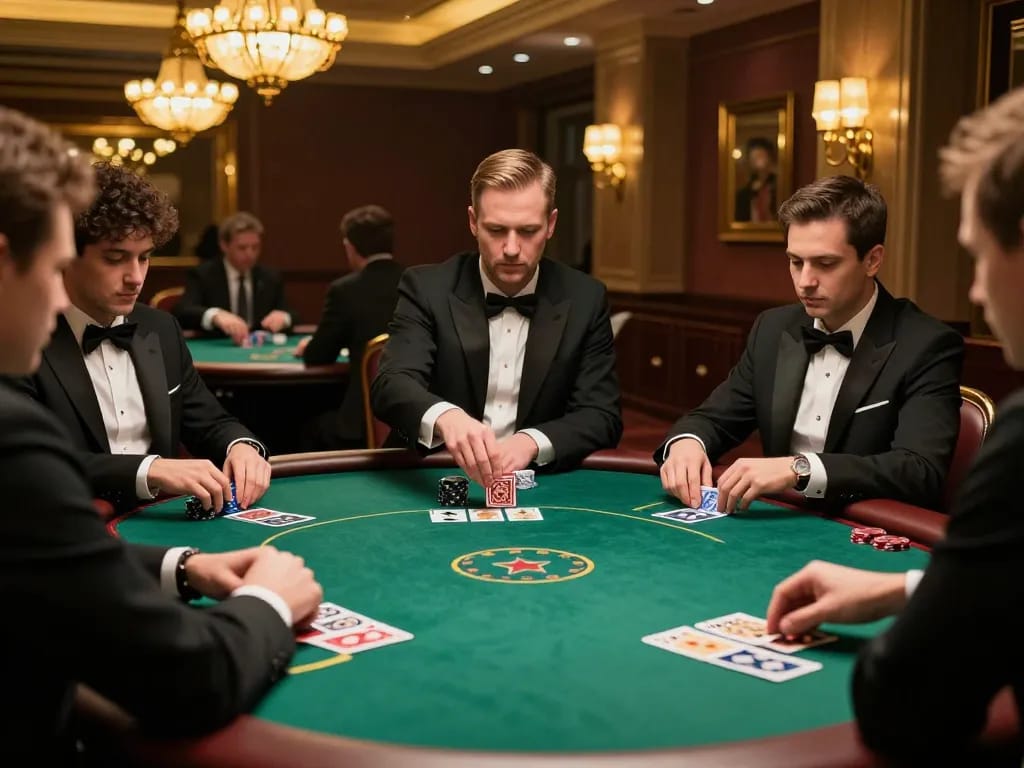 Go8 players strategizing during a high-stakes poker game in an upscale casino setting