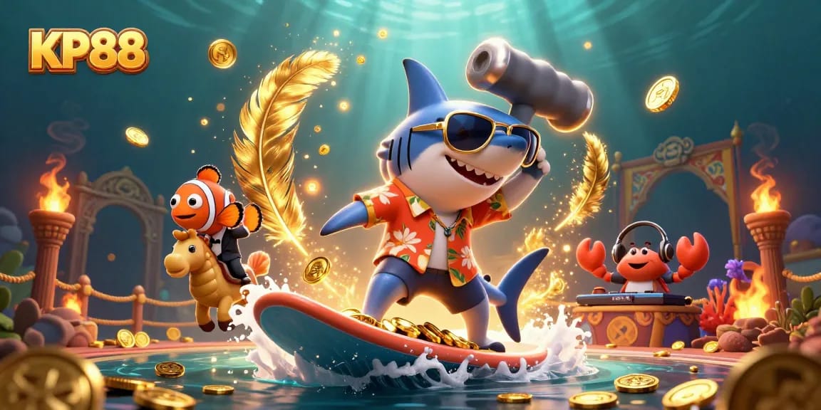 Experience the excitement of KP88 with a lively underwater casino scene featuring a hammer-head shark, clownfish, and crab DJ.