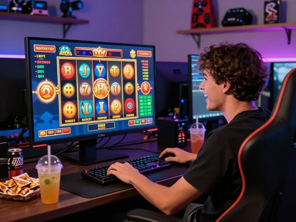 Adegan permainan yang menarik menampilkan seorang pemain menikmati situs slot gacor dengan grafik slot yang cerah dan suasana yang hidup.