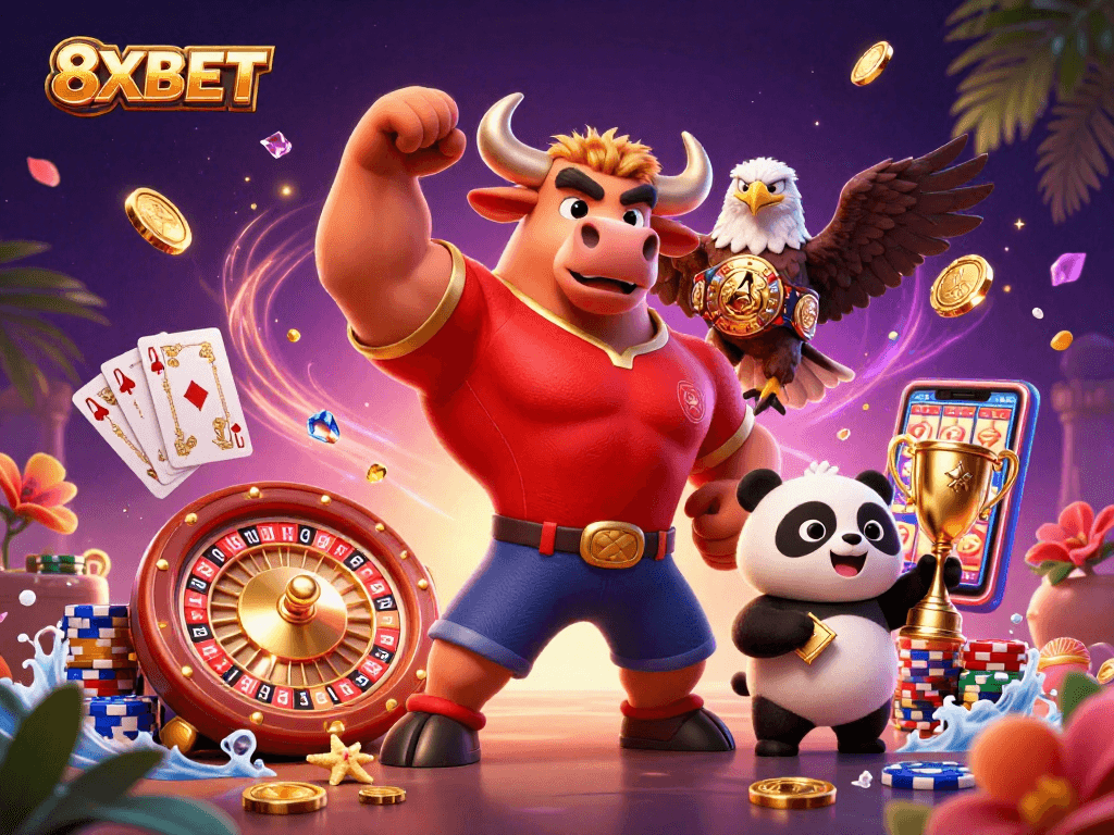 Experience the thrill of gaming with 8XBET as champions celebrate wins in a bustling casino scene.