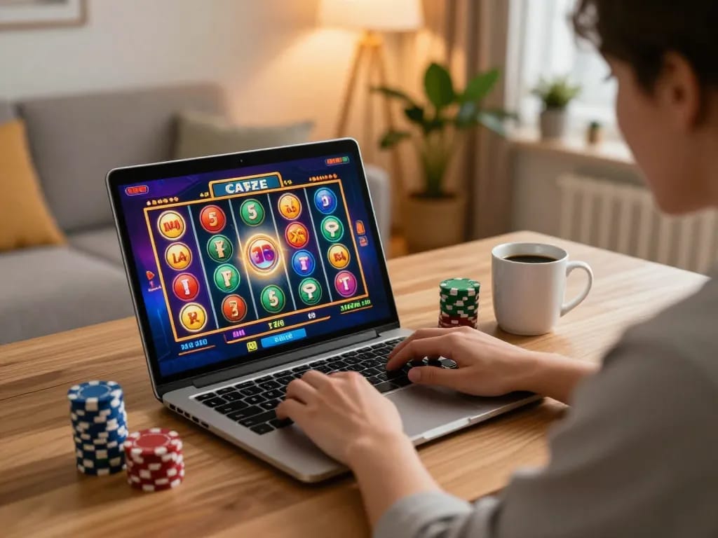 Engaging player enjoying Canadian online casinos on a laptop with colorful slots interface and chips.