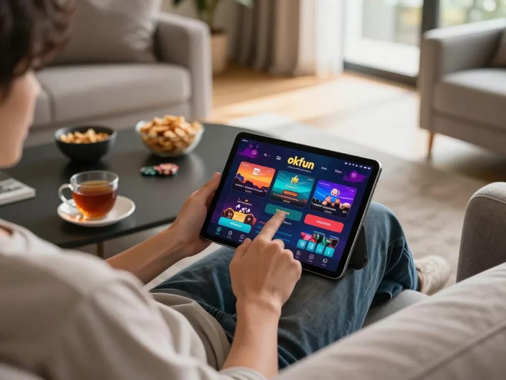 Engaging gameplay on okfun app featuring a vibrant online casino interface in a cozy home setting.