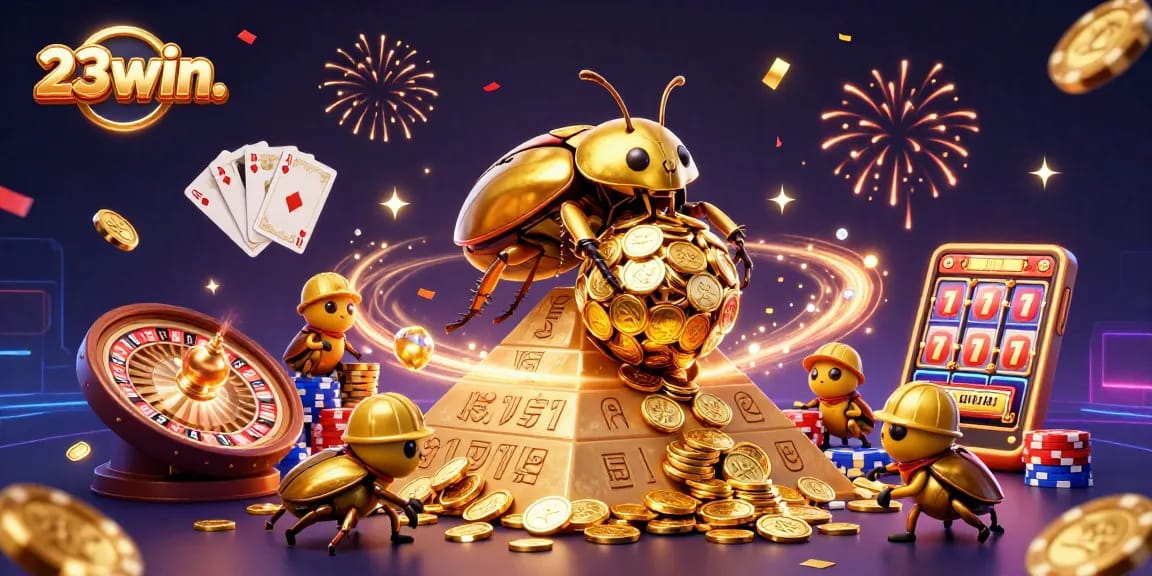 Experience the thrilling world of 23win. with a dynamic casino-themed illustration showcasing rolling golden coins and vibrant game elements.