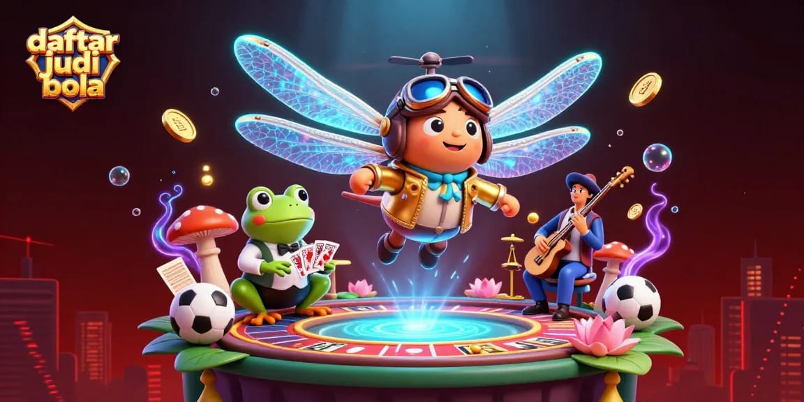 Engage in daftar judi bola excitement with a lively 3D illustration showcasing sports bars, trophies, and betting elements.