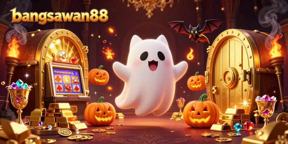 Engage in the excitement of bangsawan88 with a playful ghost cat and vampire bat in a casino.