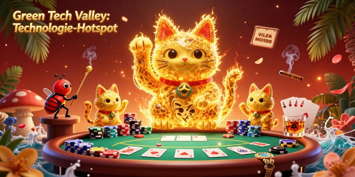 Engage with the vibrant atmosphere in the Green Tech Valley: Technologie-Hotspot as golden fireflies form a lucky cat amidst casino excitement.