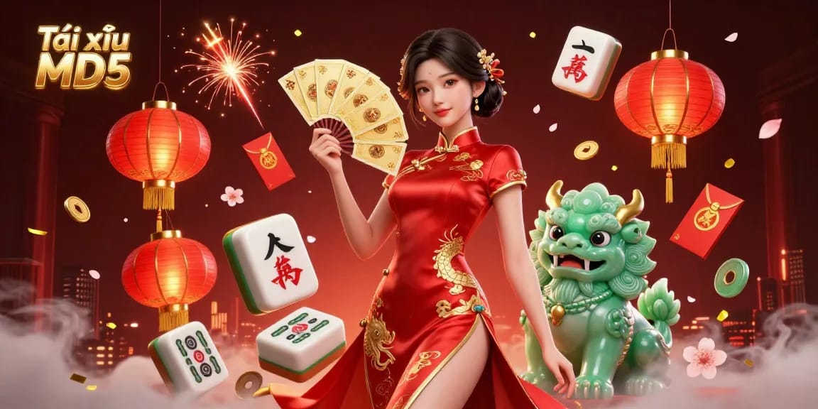 Tài xỉu MD5 illustrated scene with a woman in qipao, jade lion, exciting gambling elements.