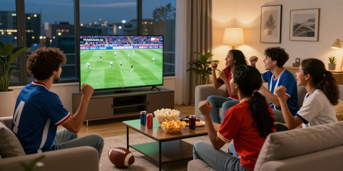 Friends enjoying مباريات اليوم live in a cozy living room with snacks and excitement.