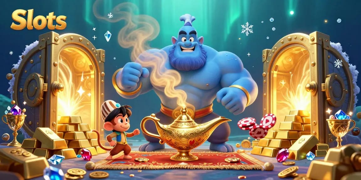 Engage with Slots in a vibrant 3D scene featuring a genie, treasures, and poker chips.