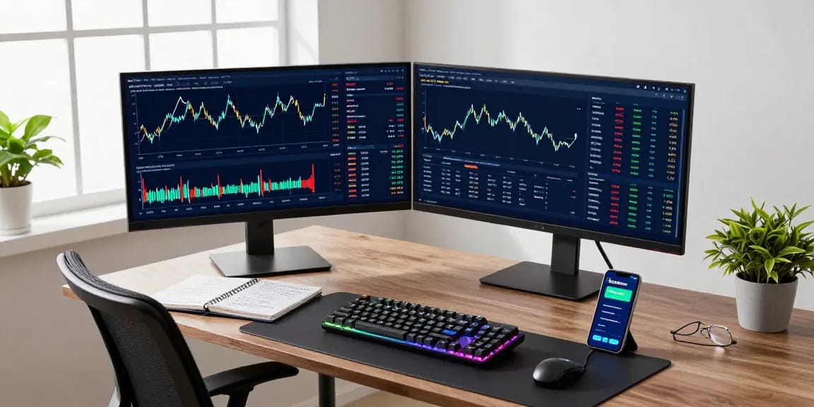 Cricbet platform displayed on a smartphone amidst cryptocurrency trading workspace with charts and blockchain analytics.