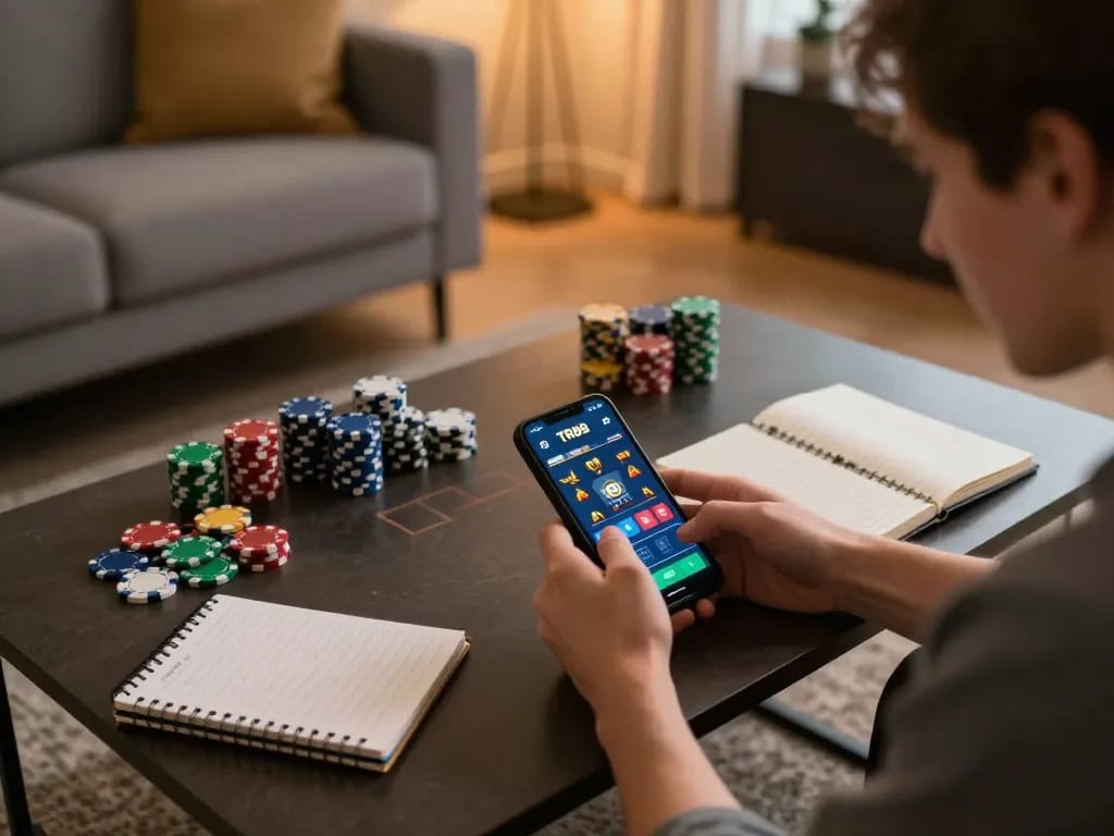 Player using TR88 app on smartphone for mobile gaming, focused on strategy and betting.