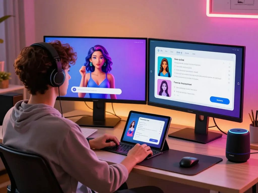 Engaging with free ai sex chat on a digital platform featuring customizable AI companions in a modern workspace.